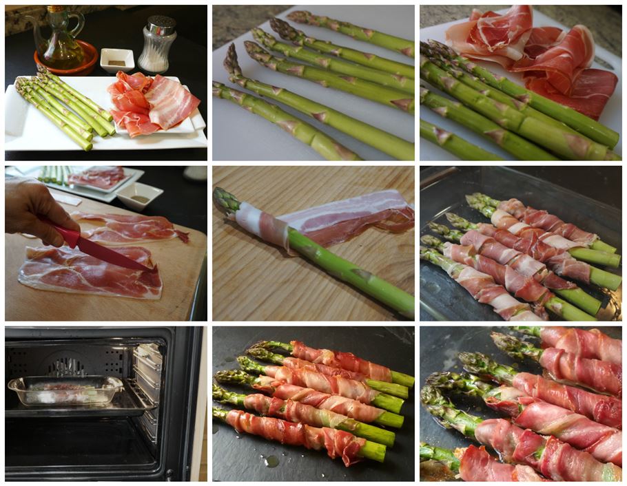 Preparación de los espárragos al horno con jamón