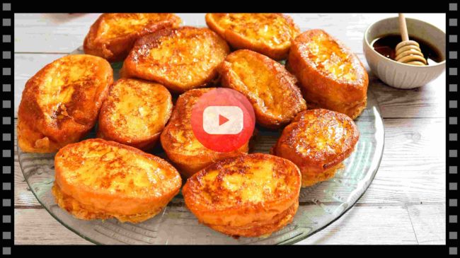 Torrijas stuffed with cheese and honey.  Easy and quick recipe